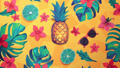 colorful summer theme pattern with fruits and floral elements on yellow background