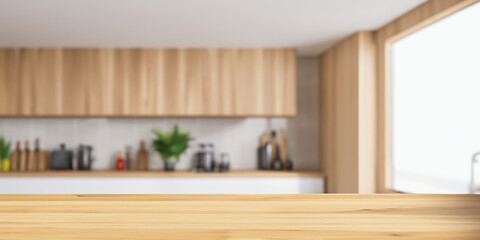 Kitchen Background Top Counter Wood Interior with Open Light Blur Background