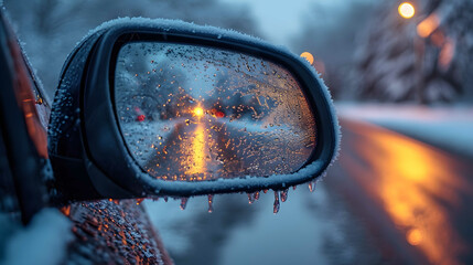 View in the side mirror of the car - obrazy, fototapety, plakaty