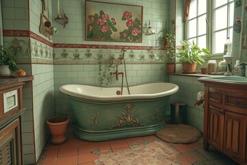 Art Nouveau-inspired bathroom decor with organic shapes and floral motifs - Powered by Adobe