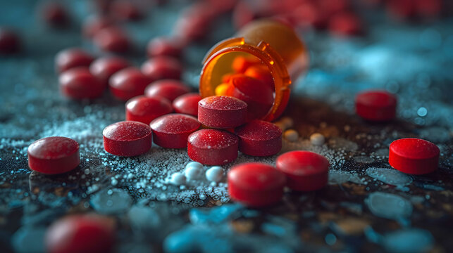 A close-up view of a bottle of pills placed on a table. This image can be used to depict concepts related to healthcare, medicine, addiction, or mental health