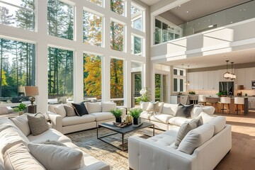 Beautiful living room interior in new luxury home with open concept floor plan. Shows kitchen,...