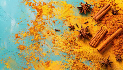 artistic culinary presentation with turmeric and spices on painted backdrop