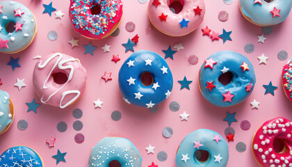 colorful donuts arranged in a pattern on a pastel pink background with stars and sparkles