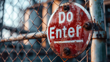 A weathered and rusty 'Do Enter' sign attached to a chain-link fence, with blurred background.