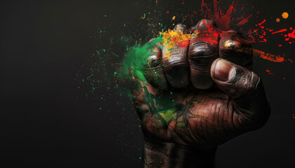 powerful fist raised in celebration of juneteenth with vivid paint splash in pan african colors