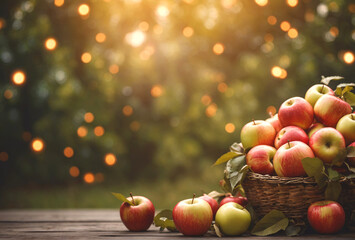 Tasty freshly harvested apples in a basket with warm bokeh light background