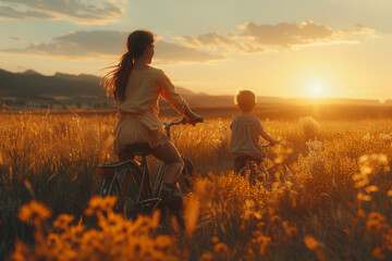 A mother teaching her child how to ride a bike, guiding them with patience and encouragement. Concept of maternal guidance and support. Generative Ai. - obrazy, fototapety, plakaty