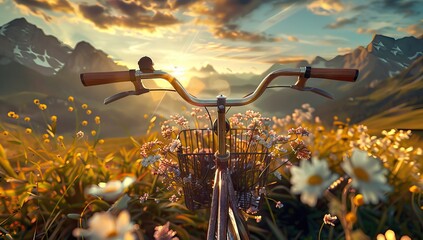 a vintage bicycle with a bouquet of yellow flowers in a basket against the background of a harvested rye field with haystacks. AI generated illustration - obrazy, fototapety, plakaty