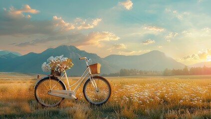 a vintage bicycle with a bouquet of yellow flowers in a basket against the background of a harvested rye field with haystacks. AI generated illustration