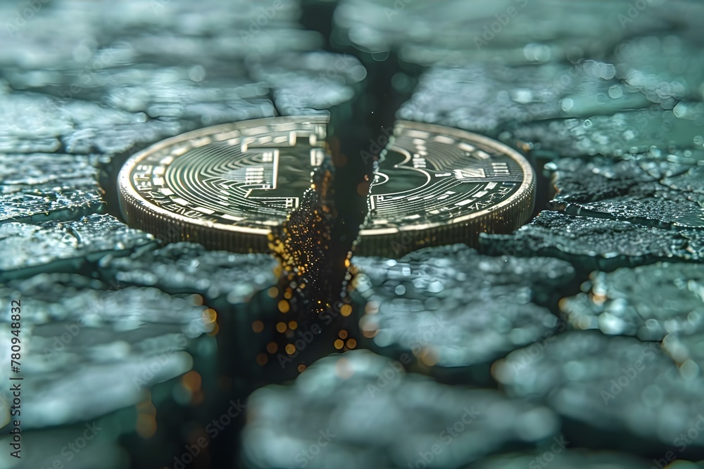 Poster bitcoin halving illustrated with a futuristic digital coin split in a high-tech environment. concept