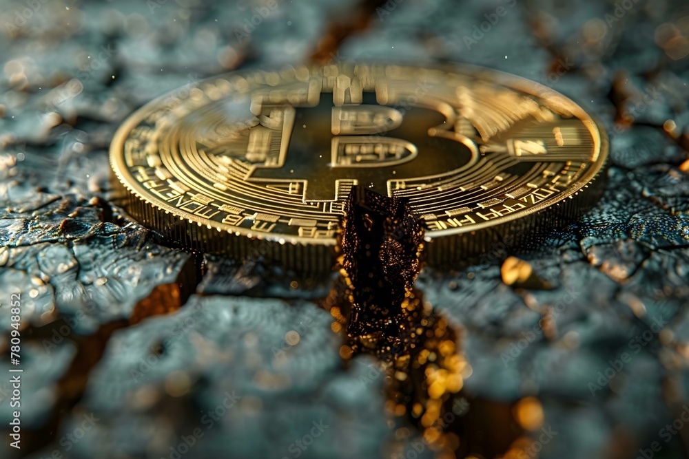 Poster bitcoin halving: depicting the digital coin split with a futuristic high-tech visual metaphor. conce