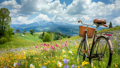 a vintage bicycle with a bouquet of yellow flowers in a basket against the background of a harvested rye field with haystacks. AI generated illustration - obrazy, fototapety, plakaty