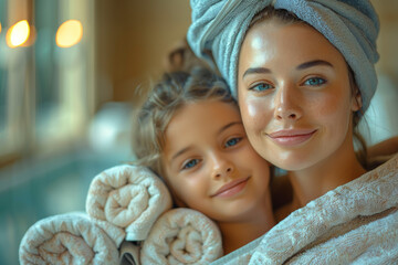 A mother and daughter enjoying a pampering spa day together, bonding over relaxation and self-care. Concept of maternal bonding and wellness. Generative Ai.