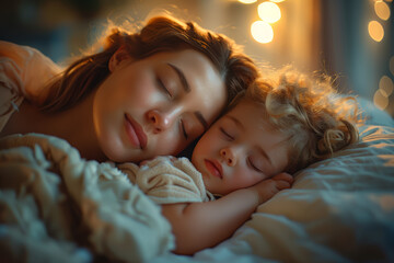 A mother tucking her child into bed at night, showering them with kisses and affectionate goodnight wishes. Concept of maternal bedtime routine and affection. Generative Ai. - obrazy, fototapety, plakaty