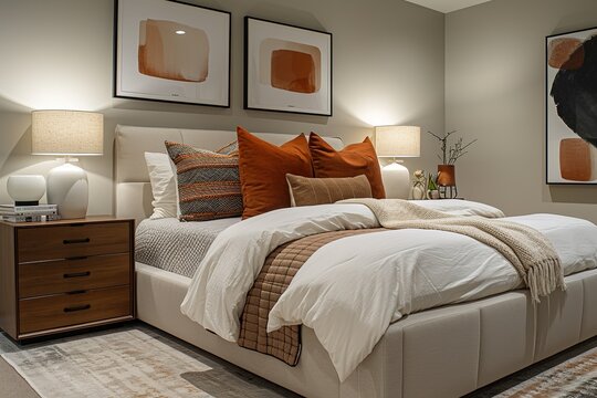 Bedroom serenity, a master bedroom bathed in soft evening light, showcasing a carefully made bed with luxurious linens, minimalistic nightstands, and subtle wall art. 