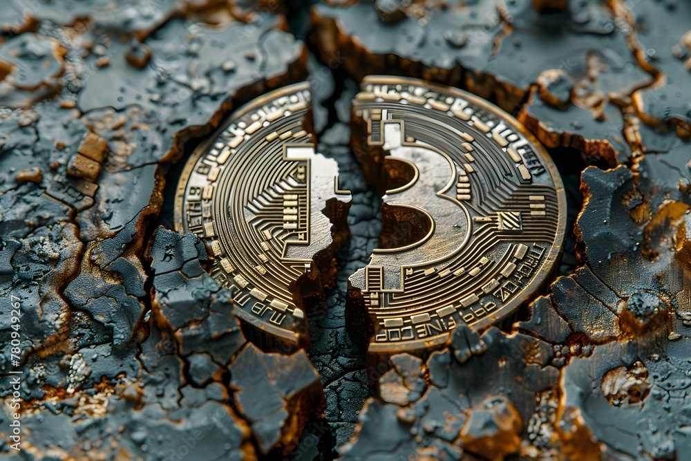 Poster bitcoin halving visual metaphor digital coin split in futuristic hightech setting. concept digital c