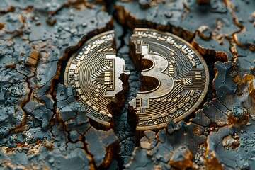 Bitcoin halving visual metaphor digital coin split in futuristic hightech setting. Concept Digital Currency, Technology, Coin Split, Futuristic Setting, Bitcoin Halving