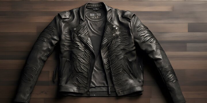 A cool leather jacket layered over a graphic t-shirt with a bold design, ideal for a casual and edgy look