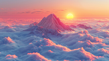 An ethereal sunrise scene with sun rays painting pink and orange shades across the fluffy cloud...