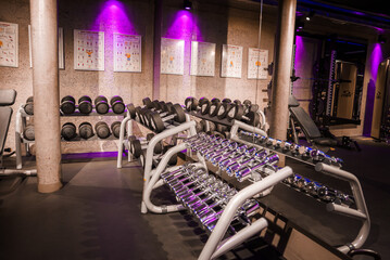 Interior view of a modern gym with weight training equipment including racks of dumbbells, cardio machines, instructional posters, and CYBEX equipment in a well organized space.