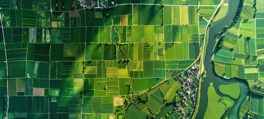 Banner of aerial satellite view of cultivated agricultural farming land fields