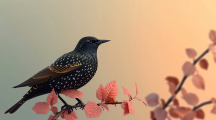 Elegant starling bird resting on a branch with autumn leaves, gradient background.
