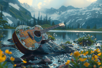 A musician strumming a guitar by a tranquil lake, serenading the natural world with melodic tunes....