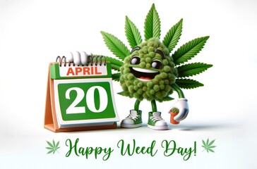 Happy 420 day. Cannabis bud character showing calendar with date of International Weed Day of April, 20. Funny and joy design for banner or greeting card, invitation or flyer and poster.