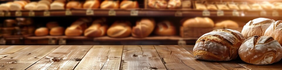 Bread bakery shop or a supermarket bread section with empty price or name tag as wide banner with copy space