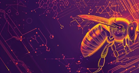 line illustration of new technology, with a small bee in it, background is purple