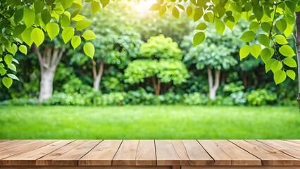 wooden table and blurred green nature garden background