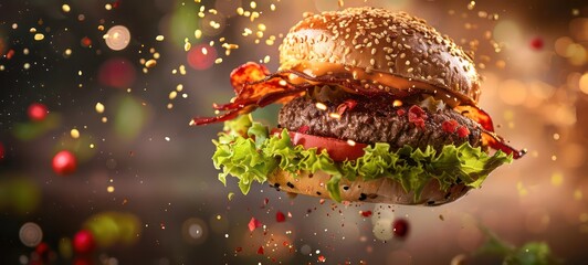Falling burger with all ingredients, lettuce, tomatoes, meat patty, sauce. floating burger 3d illustration isolated on dark background. flying cheese burger banner design.