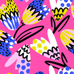 Seamless patterns in modern style and bright colors with abstract leaves and flowers. Creative pink background for fabric, wrapping, textile, wallpaper, apparel. Vector illustration hand draw