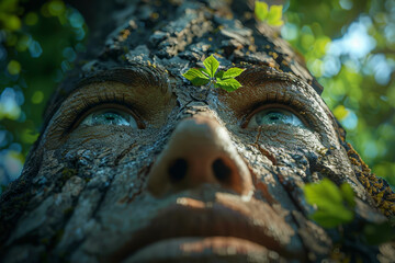 A towering tree with eyes embedded in its trunk, observing the forest with an otherworldly gaze....