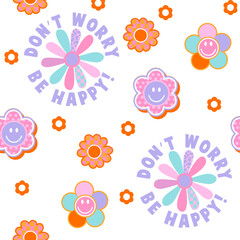 Abstract seamless chaotic pattern with groovy retro flowers. Funny texture background. Wallpaper cool teen style