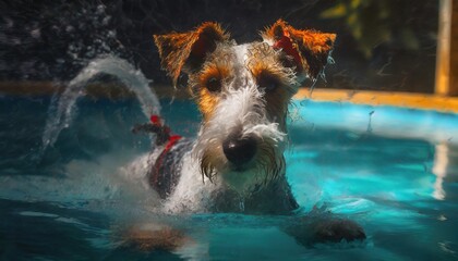 wire fox terrier swimming in pool - obrazy, fototapety, plakaty