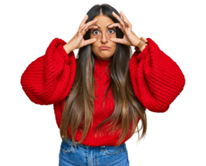 Beautiful hispanic woman wearing casual clothes trying to open eyes with fingers, sleepy and tired for morning fatigue