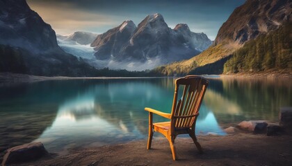 chair on the shore of a serene lake with tall serene mountains in the background