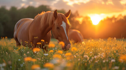 Horse grazing in meadow on sunset. Farmland concept.