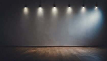 empty white wall with 5 spot lights and wooden floor - Powered by Adobe