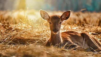 Plexiglas foto achterwand deer in the meadow a calf lying on the straw farm with the gentle rays of the sun streaming in © Slainie