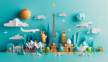 World travel concept with famous landmarks around the globe.  A minimalist origami style on a pastel blue background.