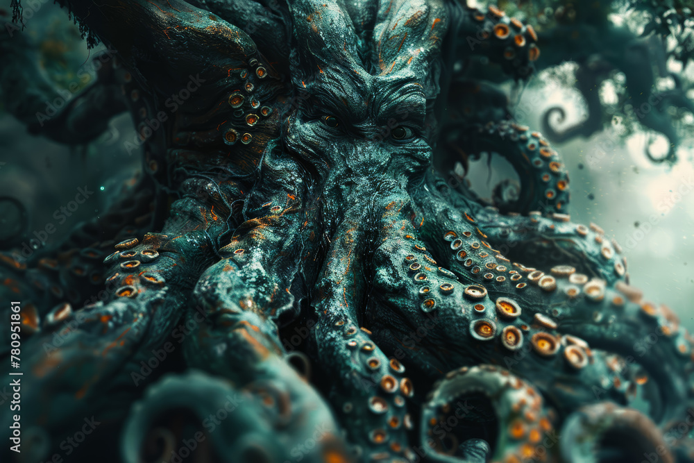 Poster a tree with branches that twist and coil like the tentacles of an octopus, reaching out to ensnare p
