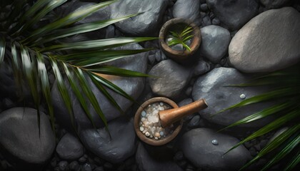 Obraz na płótnie Canvas grey spa background spa concept palm leaves and grey stones top view