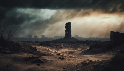 Naklejka na ściany i meble a post apocalypse desert with ruined city sky scraper in the distance