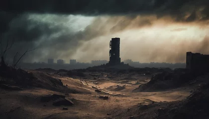Poster Verenigde Staten a post apocalypse desert with ruined city sky scraper in the distance
