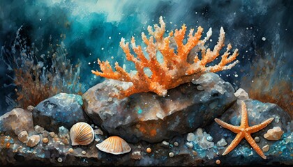 coral on stone reef with starfish and seashell border watercolor illustration for decoration on aquarium and coastal design concept - obrazy, fototapety, plakaty