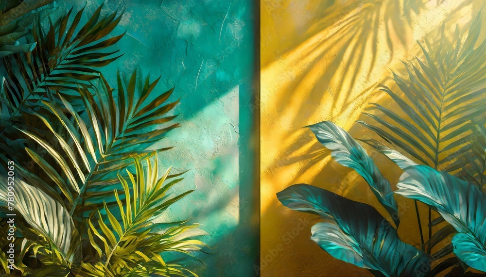 Wall mural bright yellow and turquoise painted walls with green tropical leaves sunlight with shadows summer spring background 3d rendering