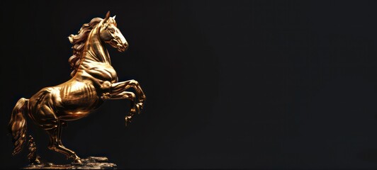 Golden and bronze rearing horse statue or trophy isolated on black background with copy space